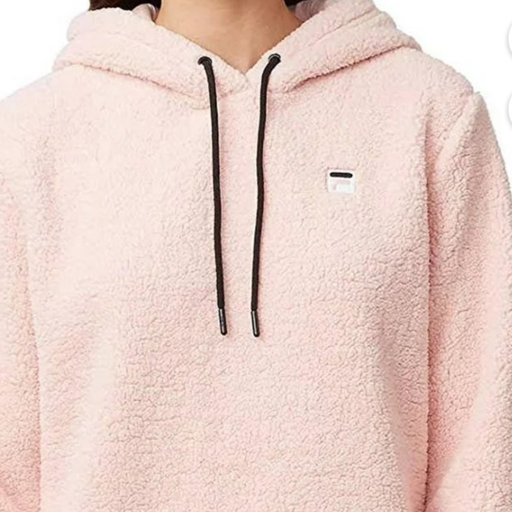Fila Pink Sherpa Hoodie Sweatshirt Black Drawcords